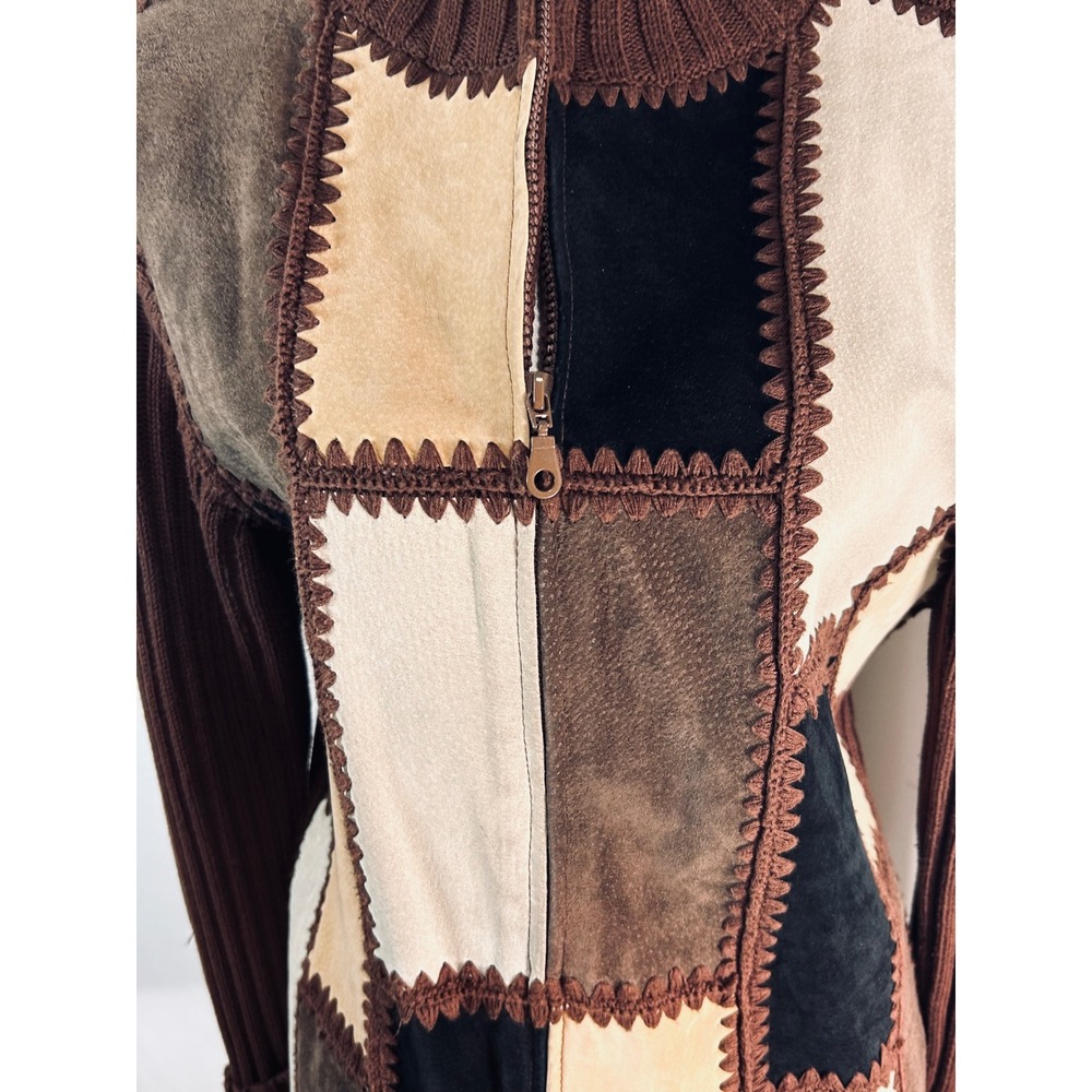 Vintage Patchwork Suede Knit Full Zip Jacket Brown Tan Mock Neck Boho Large - Picture 4 of 11